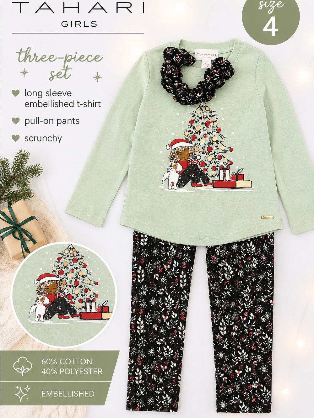 Tahari Girls Sage Green Long-Sleeve Holiday Pajama Set with Black Floral Pants